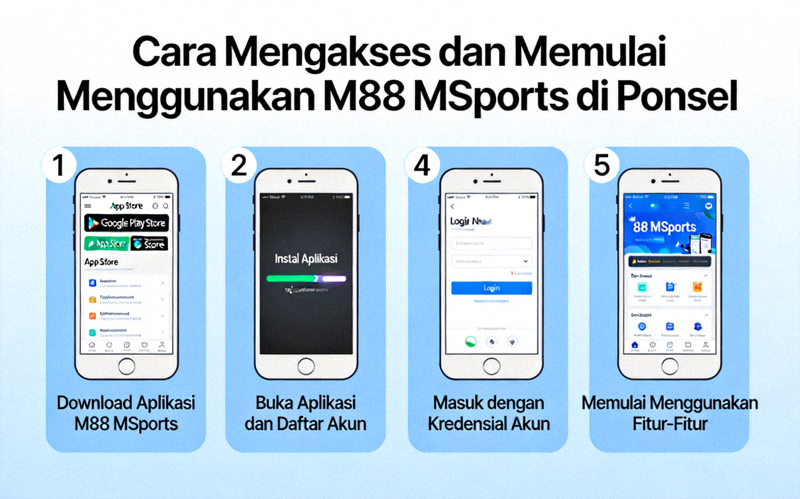 Diagram alur langkah demi langkah cara mengakses dan mulai menggunakan M88 MSports di ponsel
