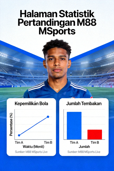 Halaman statistik pertandingan di M88 MSports yang menampilkan grafik kepemilikan bola dan jumlah tembakan