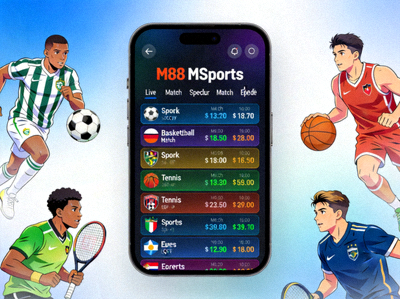 Ilustrasi perangkat mobile yang menampilkan antarmuka M88 MSports dengan berbagai pertandingan olahraga