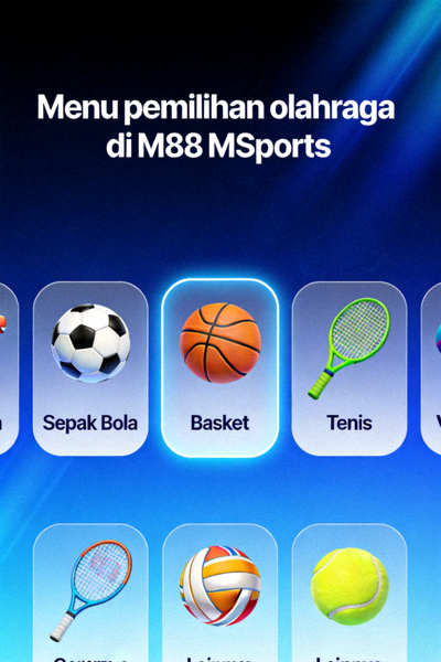 Menu pemilihan olahraga di M88 MSports yang menampilkan ikon sepak bola, basket, tenis, dan lainnya
