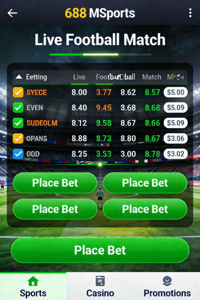 Tampilan layar live betting M88 MSports dengan odds yang berubah dan tombol taruhan berwarna hijau